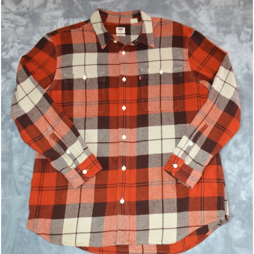 Levi's Relaxed Fit Flannel Shirt Mens XL Orange Brown White Long Sleeve